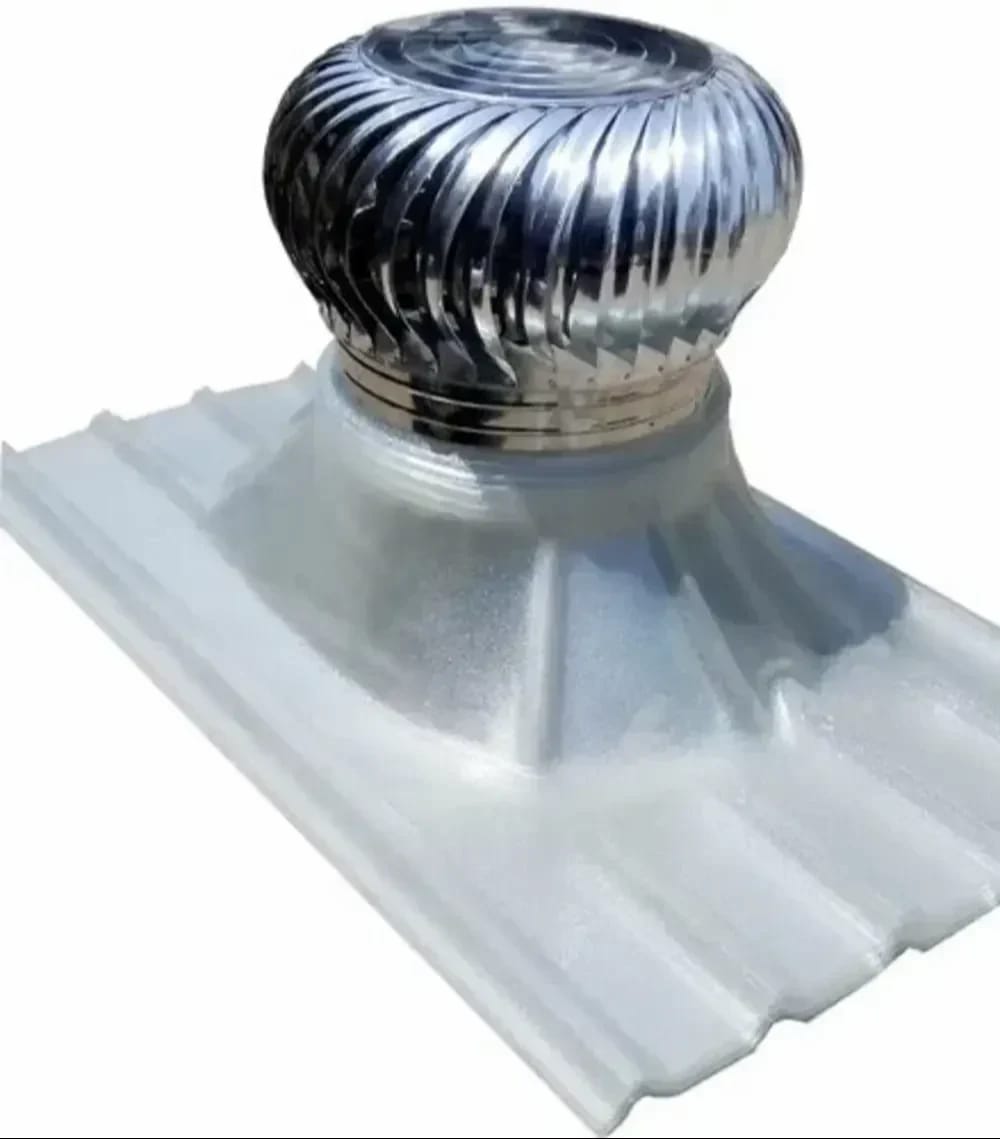 Air ventilator with FRP base on white background – turbine head and translucent corrugated base ready for roof installation.