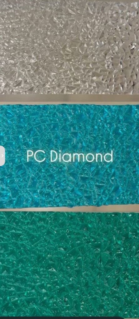 Three-tone polycarbonate diamond sheet samples demonstrating colour and texture options for canopies, partitions, and skylights.