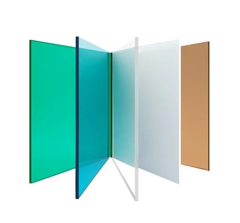 Set of coloured polycarbonate solid sheets in different tints, suitable for high-impact glazing, partitions, and architectural features.
